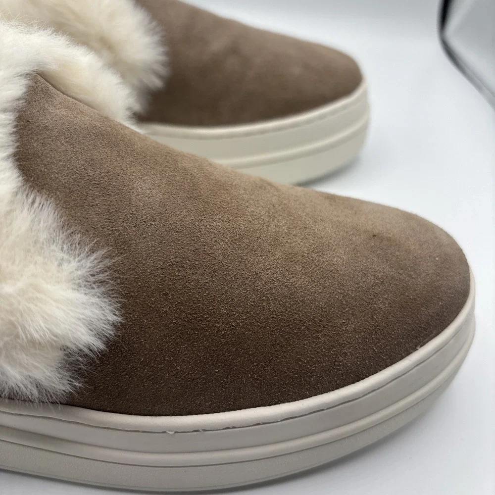 J Slides NYC Taupe Suede Neel Fur Trim Slip On Sneaker‎ Size 6M